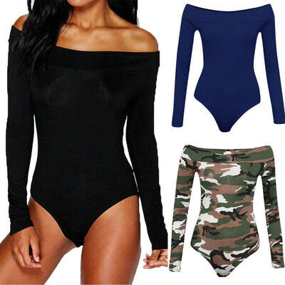

US Women Ladies Off Shoulder Long Sleeve Bodysuit Leotard Top Plain Stretch