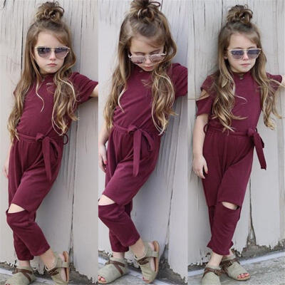 

Newborn Toddler Kids Baby Girls clothes Holes short sleeve solid Romper cotton Turtle Neck Bow summer Jumpsuit one pieces