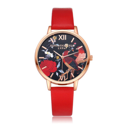 

Luxury Women Watches Red Rose Pattern Dial Ladies Quartz Wristwatch Simple Leather Strap Clock Casual Dress Relogio Feminino