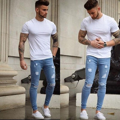

Fashion Men&39s Ripped Skinny Biker Jeans Destroyed Frayed Slim Fit Denim Pants