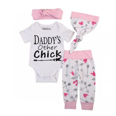 

4pcs Newborn Baby Girls Clothes Set Long Sleeve Romper Tops Letter Jumpsuit Long Leggings Pants Hat
