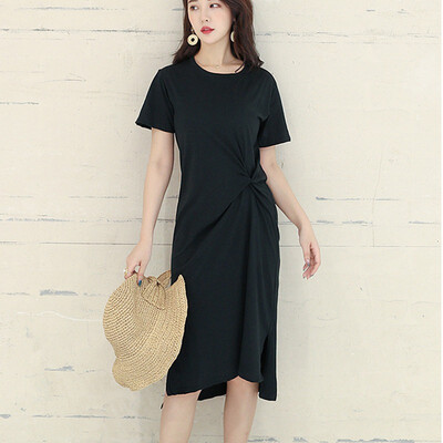 

Fashion Simple Casual Solid Color Womens Dress Slim Plus Size Short Sleeve Round Neck Split Dress