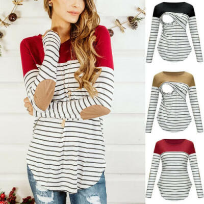 

UK Women Pregnant Maternity Clothes Nursing Tops Breastfeeding Striped T-Shirt