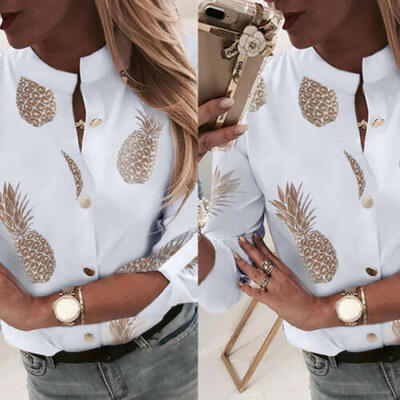 

Womens Ladies Casual Tops Blouse Long Sleeve Pineapple Floral Business Shirts
