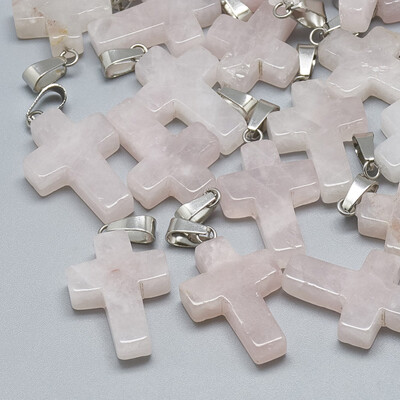 

Natural Rose Quartz Pendants with Stainless Steel Snap On Bails Cross 2930x1819x56mm Hole 6x4mm