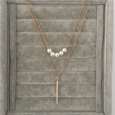 

Europe&the United States new cross-border jewelry supply Korean version of the simple versatile imitation pearl copper rod pendant double necklace