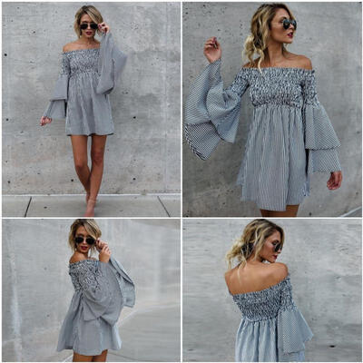 

Fashion Womens Off Shoulder T Shirt Loose Striped Casual Ruffle Short Mini Dress