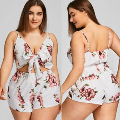 

Womens Plus Size Flower Tie Front Romper Summer Backless Short Jumpsuit