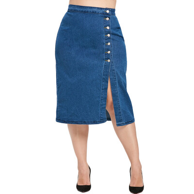 

Plus Size Slit Button Fly Denim Skirt