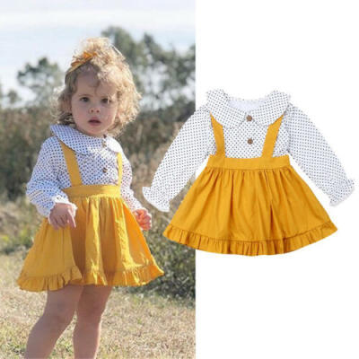 

US Stock Outfits Toddler Kids Baby Girl Polka Dots Long Sleeve Top Strap Skirts