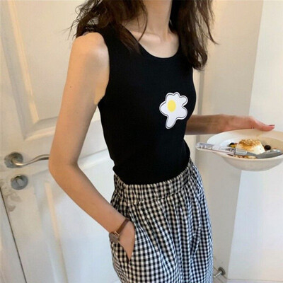 

Womens Fashion Casual Vest Sleeveless O-Neck Poached Egg Print Knitted Tank Top T Shirt Tops