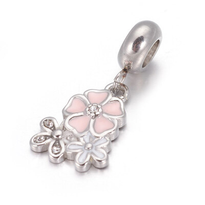 

304 Stainless Steel European Dangle Beads with Enamel&Rhinestone Large Hole Pendants Flower Stainless Steel Color