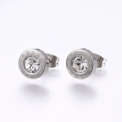 

304 Stainless Steel Stud Earrings with Rhinestone Flat Round with Roman Numerals Crystal 9x35mm Pin 08mm 12pairscard