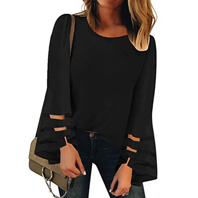 

Starmoon Womens V Neck Mesh Panel Blouse Long Sleeve O Neck Casual Loose Top Shirt