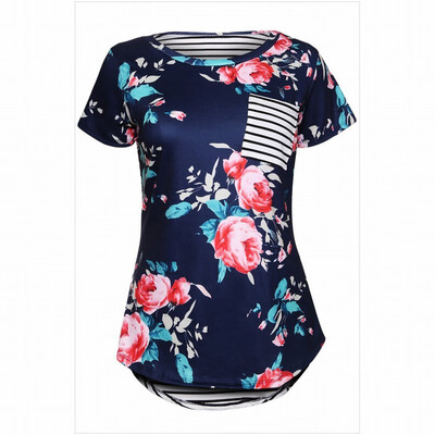 

Multicolor round neck short sleeve coral lace stripe casual chic straight top