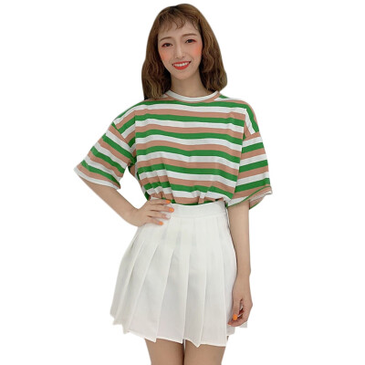 

Womens Fashion Summer Casual T Shirt Short Sleeve O-Neck Korean Style Striped Loose Long Tee