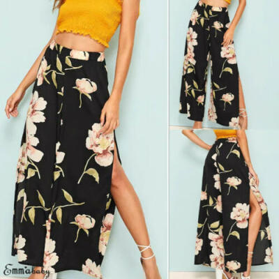 

Boho Women Floral Casual High Waist Loose Pants Split Wide Leg Palazzo Trouser