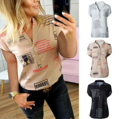 

Womens Short Sleeve Loose Blouse Casual Tops Ladies V-neck Button-up Shirt