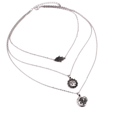 

Boho Silver Metal Necklace 3 Multi Layer Elephant&Moon Pendant Choker Necklace For Women