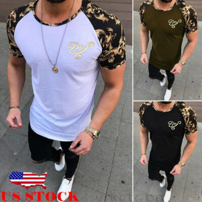 

US Mens O-Neck Short Sleeve T-shirt Casual Cotton Tee Slim Fit Printing Tops