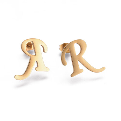 

304 Stainless Steel Stud Earrings Alphabet LetterR 14x14x1mm Pin 07mm