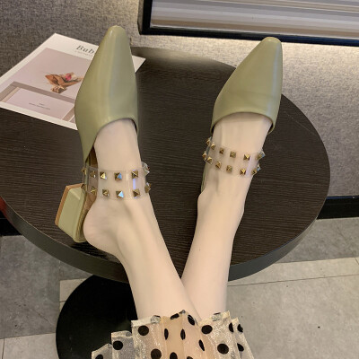 

Muller shoes half drag 2019 summer new sharp head thick heel network celebrity personality rivet foreign gas 100 small fragrant s