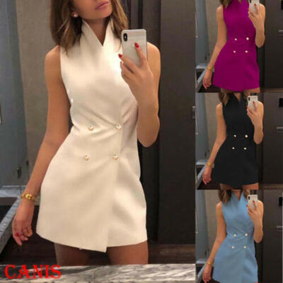 

Womens Fashion Sleeveless Stand Collar Bodycon Dress Lapel Casual Mini Dress