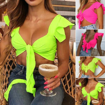 

Women Bandage Sleeveless Blouse Button Tank Vest Casual Short Crop Tops Shirt CA