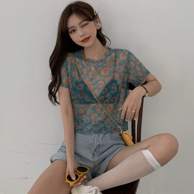 

Korean Style Thin Transparent Short Sleeve Summer Sexy Leopard Mesh T-shirt