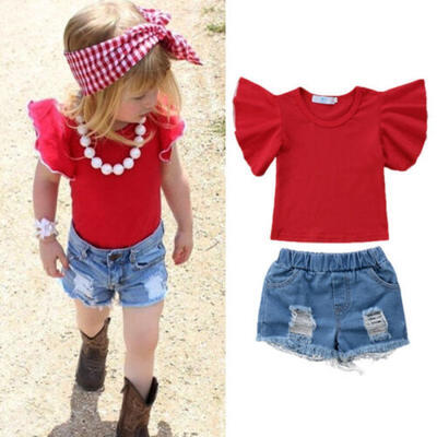 

US Toddler Baby Girl Short Sleeve T-shirt TopsDenim Short Pants Kid Clothes Set