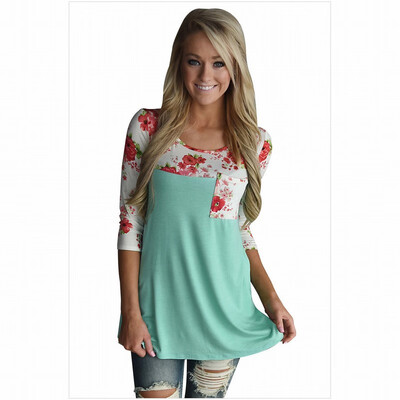 

Round neck cropped sleeve pocket bohemian straight top