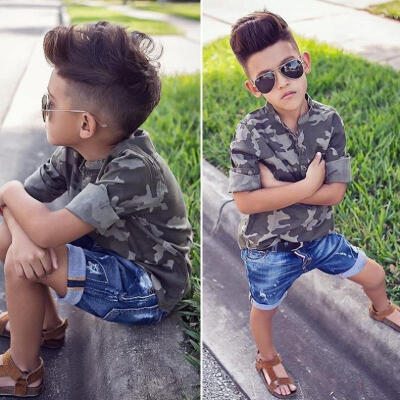 

Hot Camouflage Baby Boy Kids Shirt TopJeans Denim Shorts Pants 2pcs Outfits Set