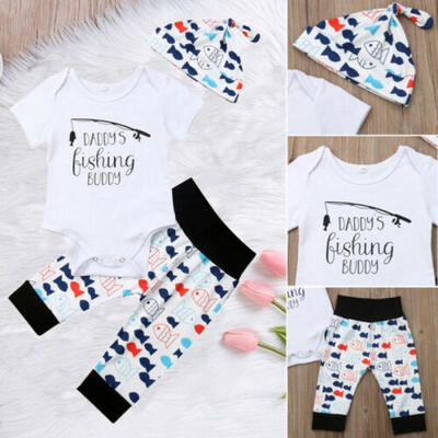 

3PCS Newborn Baby Kid Boy Animal Romper TopLong Pants Hat Summer Outfit Clothes