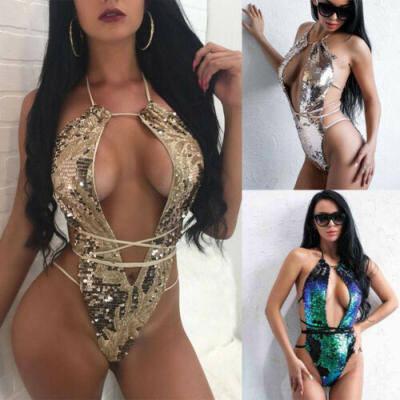 

Women Gold Bandage Lace Up Sequin Bikini Push-up Padded Bra Swimsuit Swimwear