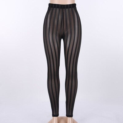 

Women Mesh Striped Long Pant Slim Leggings Trouser Sheer Party Cocktail Swimwear