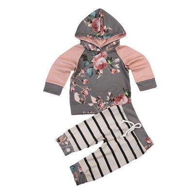

2017 Fashion Autumn Toddler Kids Floral Clothes Set Long Sleeve Hooded Sweatshirt Tops Striped Pant 2PCS Outfit Children Track