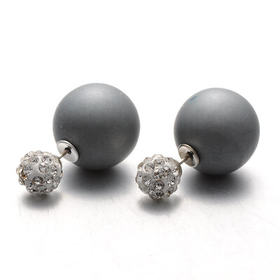 

Frosted Plastic Pearl with Polymer Clay Rhinestone Ball Stud Earrings Gray 816mm Pin 08mm