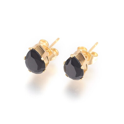 

304 Stainless Steel Stud Earrings with Rhinestone Drop Jet 85x6x5mm Pin 07mm