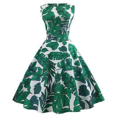 

Vintage Tropical Leaf Print Sleeveless Dress