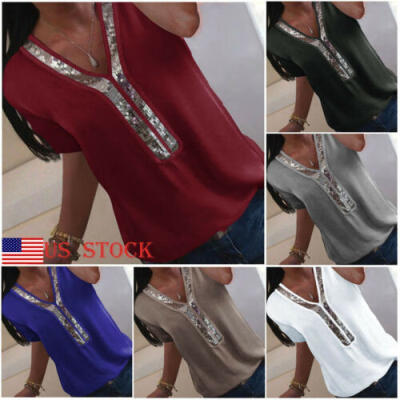 

Summer Womens Casual Tops Blouse Short Sleeve v Neck T-Shirt Chiffon lot 2019