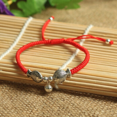 

925 Sterling Silver Lovely Fish Lucky Red Rope Bracelet Handmade Bangle Wax String Amulet Jewelry