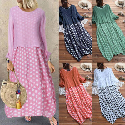 

UK Women Summer Casual Linen Polka Dot Two Pieces Plus Size Long Maxi Dress