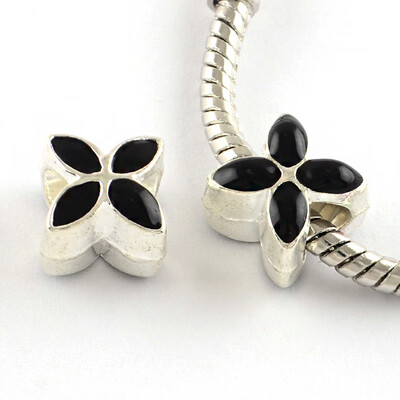 

Alloy Enamel European Beads Large Hole Beads Flower Silver Black 10x10x8mm Hole 5mm