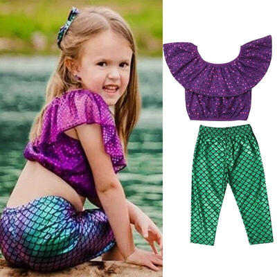 

3PCS Toddler Kids Baby Girls Summer Mermaid Ruffle Tops Long Pants Outfits Sunsuit