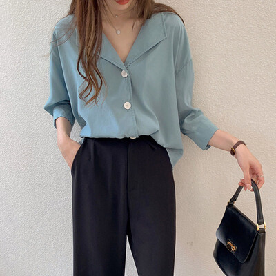 

Summer Fashion Solid Womens Tops&Blouses Blusa Women Buttons V Neck Long Sleeve Blouse Shirt Loose Casual Tops 2019 New