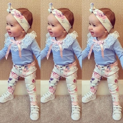 

Floral Baby Girls Long Sleeve T-shirtPants Headband 3pcs Outfits Clothes Set