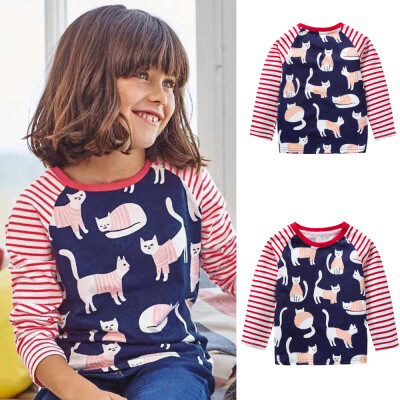 

Baby Girls Boys Long Sleeve Cartoon Stripe Cat Toddler Kids Tops Shirt Clothes