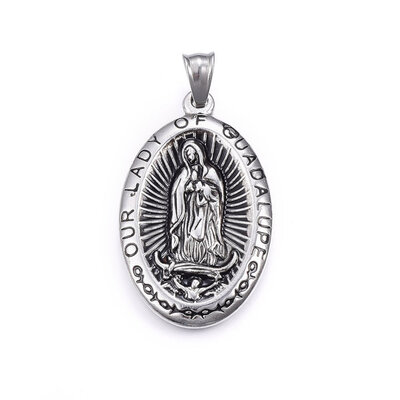 

304 Stainless Steel Pendants Oval with Word Our Lady of Guadalupe Antique Silver 45x28x4mm Hole 9x5mm