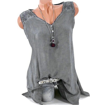 

Starmoon Women Plus Size Casual Lace V Neck Solid Daily Sleeveless Vest Tops Shirt Blouse
