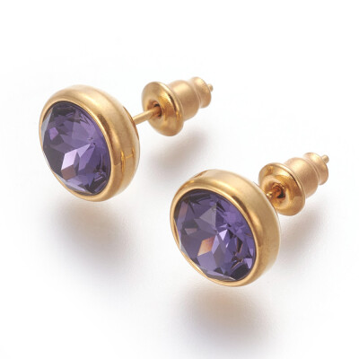 

304 Stainless Steel Ear Studs with Cubic Zirconia Flat Round Golden BlueViolet 10x17mm Pin 07mm